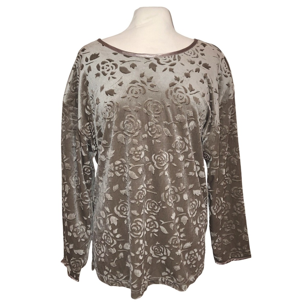 VTG Shenanigans Taupe Embossed Floral Rose Velvet Cocktail Dressy Blouse L